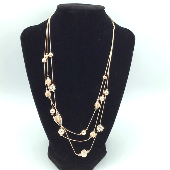 metal Jewelry - Metal Rose Gold 3 Strand Rhinestone Necklace